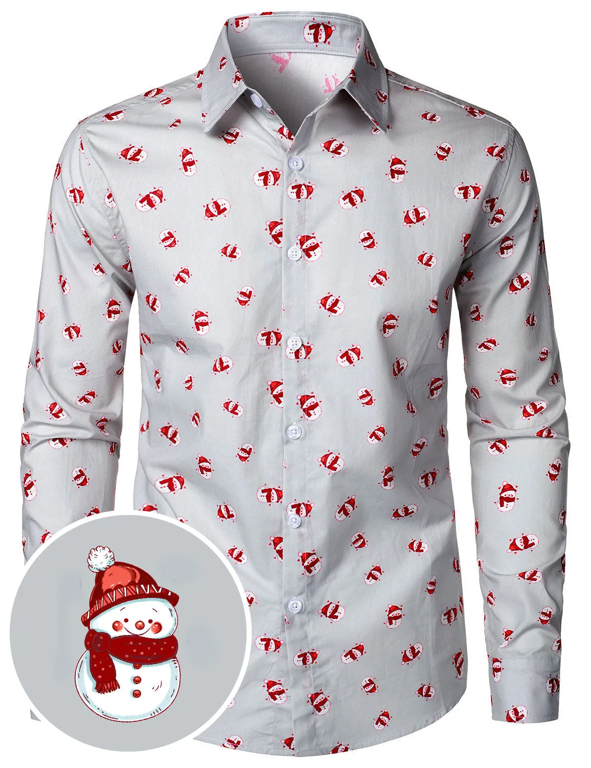 Men's Christmas Snowman Print Casual Button Long Sleeve Shirt