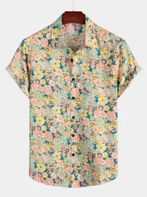 Men's Floral Cotton Casual Button Up Short Sleeve Shirt