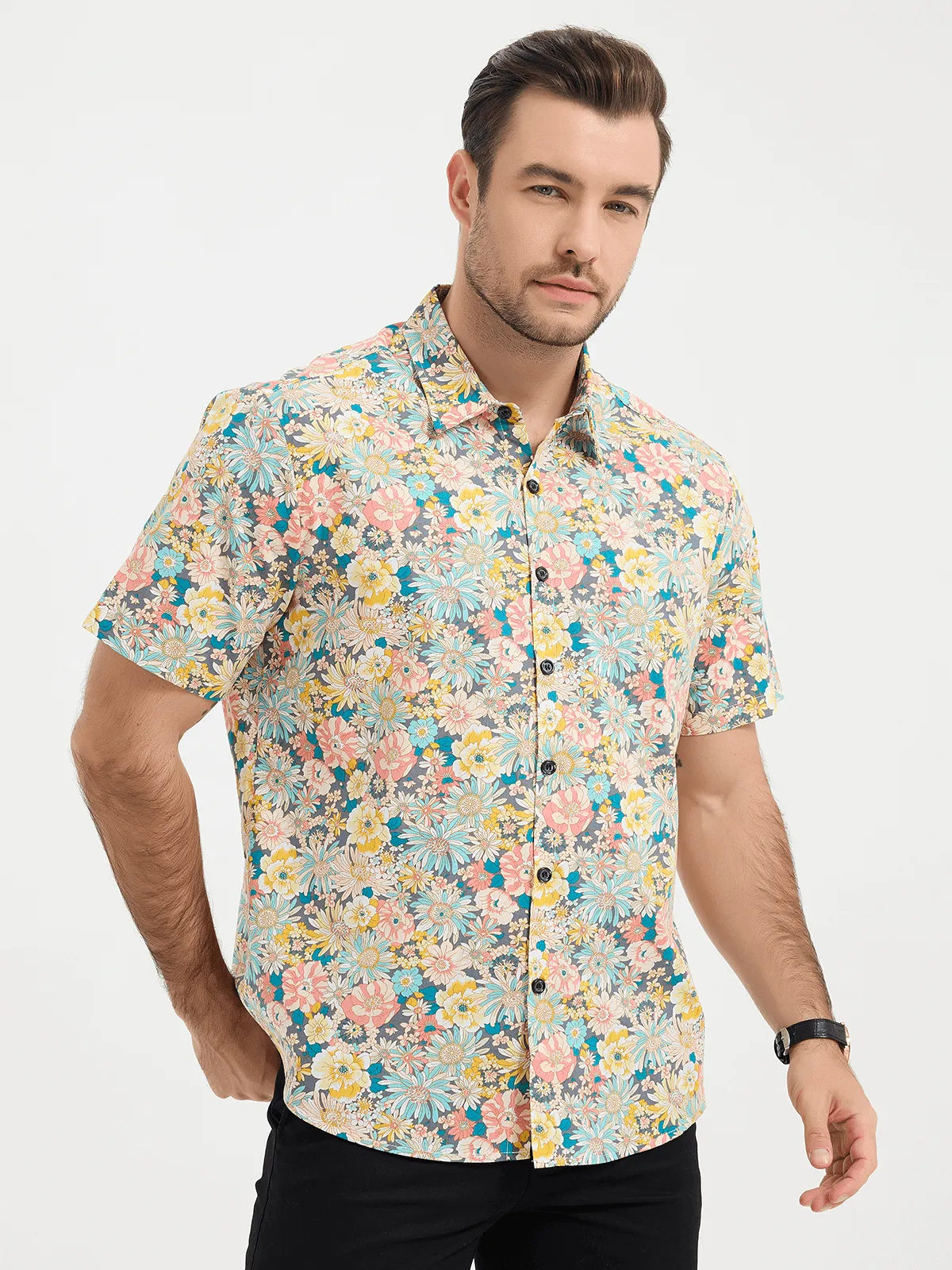 Men's Floral Cotton Casual Button Up Short Sleeve Shirt