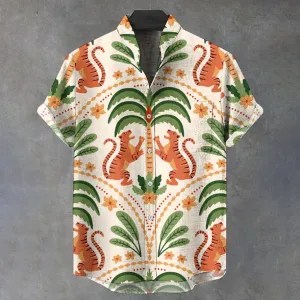 Men's Stand Collar Tiger Coconut Tree Printed Short Sleeve Shirt 2410001438