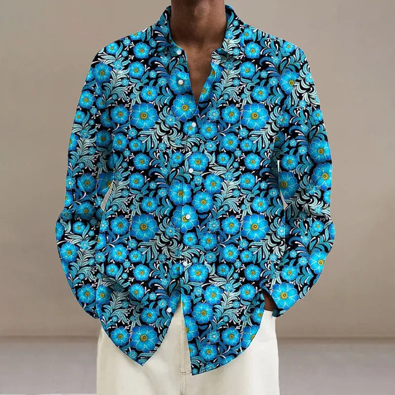 Men's Vintage Floral Art Printed Long Sleeve Shirt