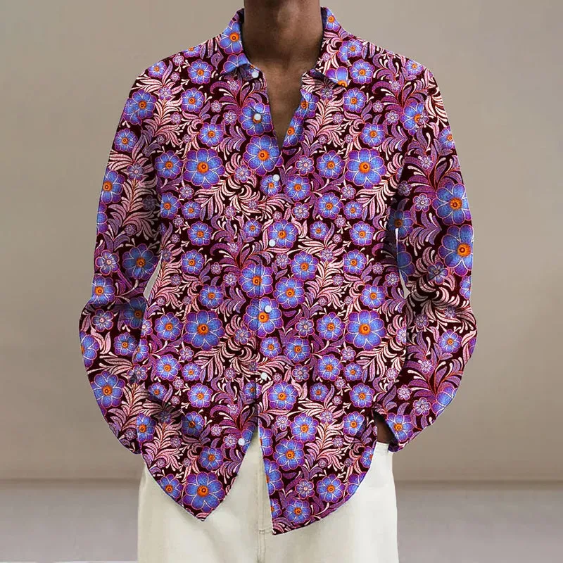 Men's Vintage Floral Art Printed Long Sleeve Shirt