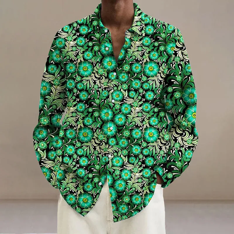 Men's Vintage Floral Art Printed Long Sleeve Shirt