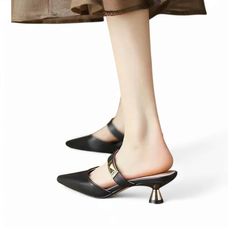 Merendy Ebard pointed toe slip-on minimalism kitten heels Mules