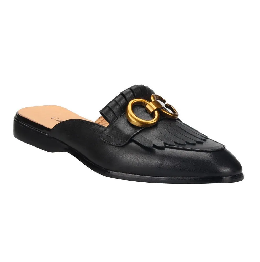 Metal Buckle Black Genuine Leather Loafers Men Slipper