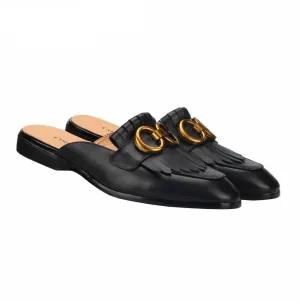 Metal Buckle Black Genuine Leather Loafers Men Slipper