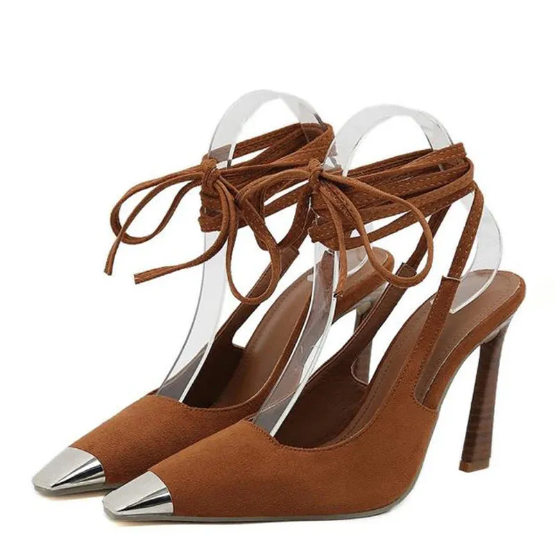 Metal Small Square Toe High Heels Female Slingback Sandals