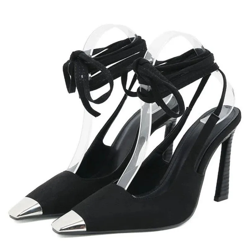 Metal Small Square Toe High Heels Female Slingback Sandals