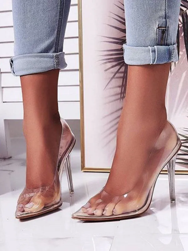 Ms. Transparent Single Shoes Pointed Shallow Mouth High Heel Large Size