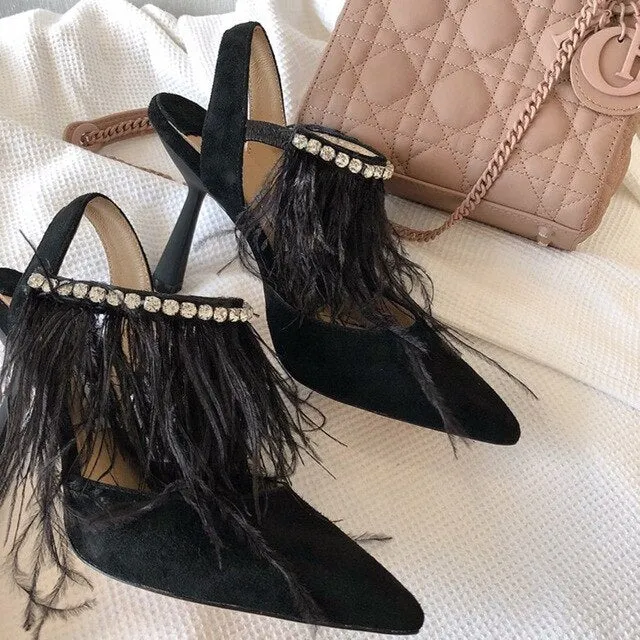 New Fashion Women's Pumps Pointed Toe High Heels Pumps Kid Suede Leather Women's Shoes Crystal Ankle Straps Summer Shoes  34-41