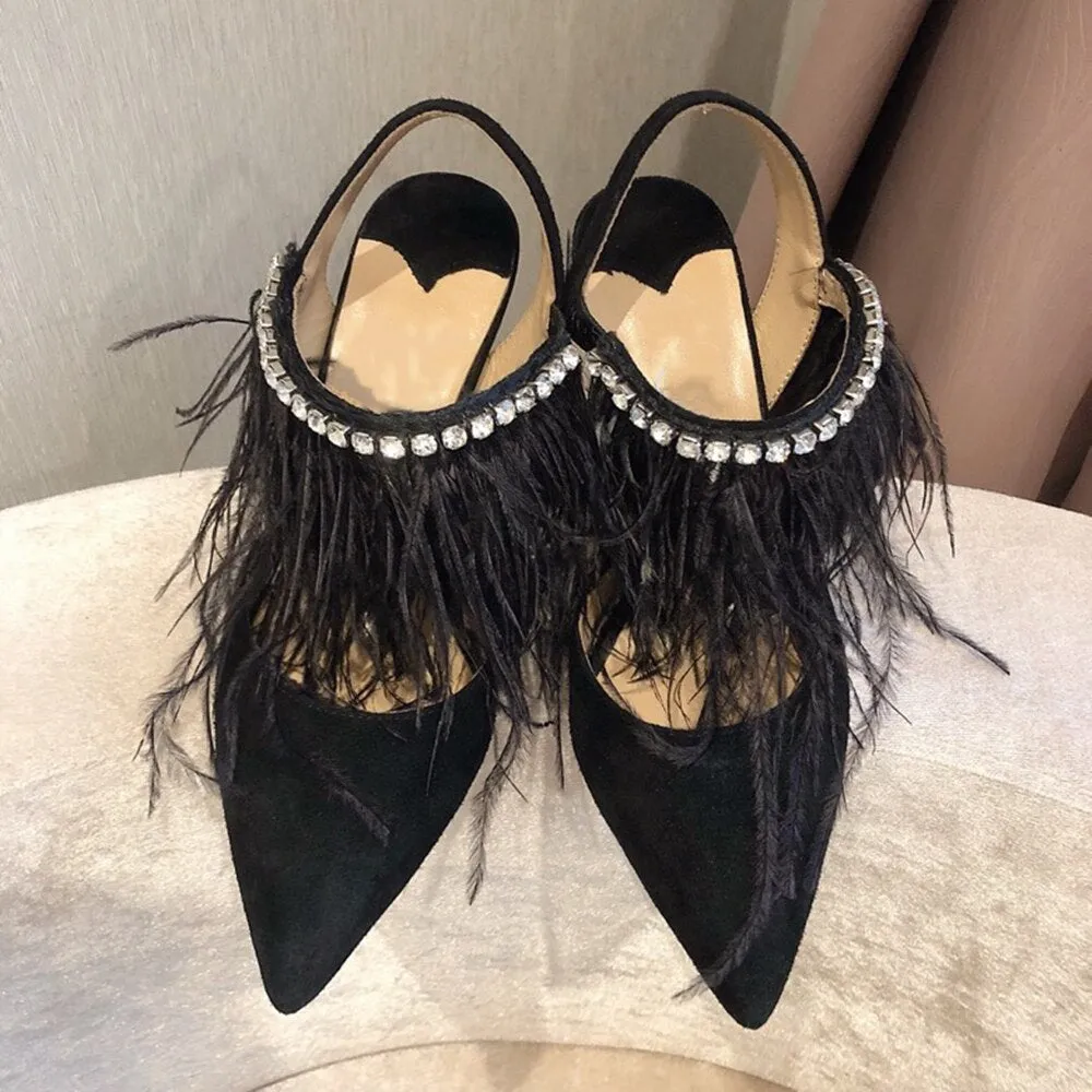 New Fashion Women's Pumps Pointed Toe High Heels Pumps Kid Suede Leather Women's Shoes Crystal Ankle Straps Summer Shoes  34-41