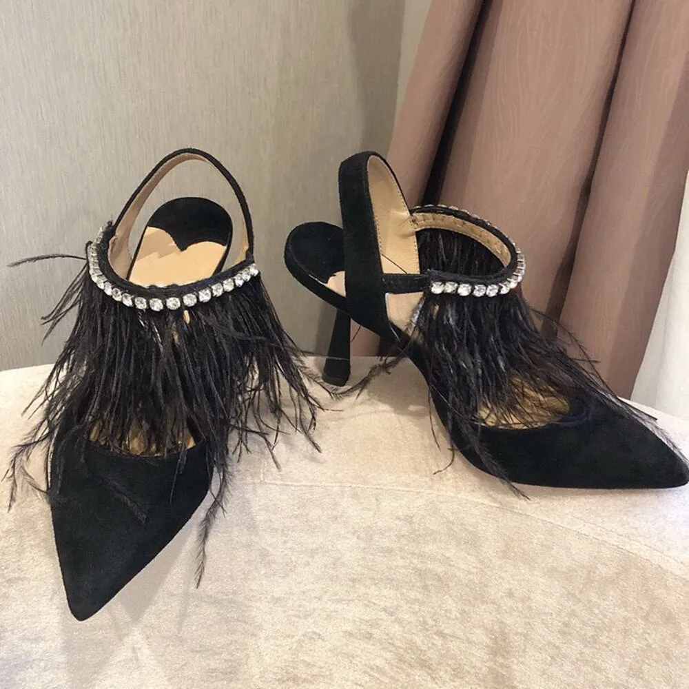 New Fashion Women's Pumps Pointed Toe High Heels Pumps Kid Suede Leather Women's Shoes Crystal Ankle Straps Summer Shoes  34-41