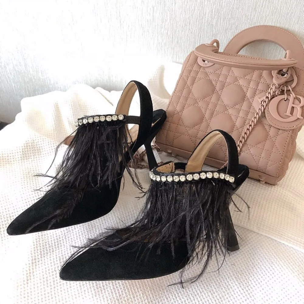 New Fashion Women's Pumps Pointed Toe High Heels Pumps Kid Suede Leather Women's Shoes Crystal Ankle Straps Summer Shoes  34-41