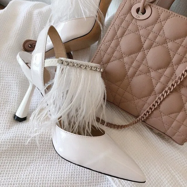 New Fashion Women's Pumps Pointed Toe High Heels Pumps Kid Suede Leather Women's Shoes Crystal Ankle Straps Summer Shoes  34-41