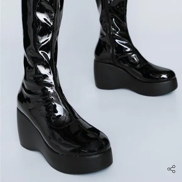NIB $145 Nasty Gal Faux Patent Leather Platform Wedge KneeHigh Boot US 6.5/EU 7