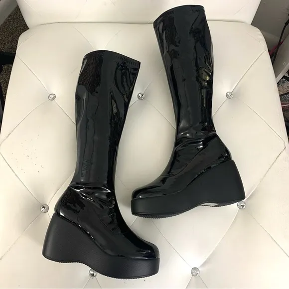 NIB $145 Nasty Gal Faux Patent Leather Platform Wedge KneeHigh Boot US 6.5/EU 7