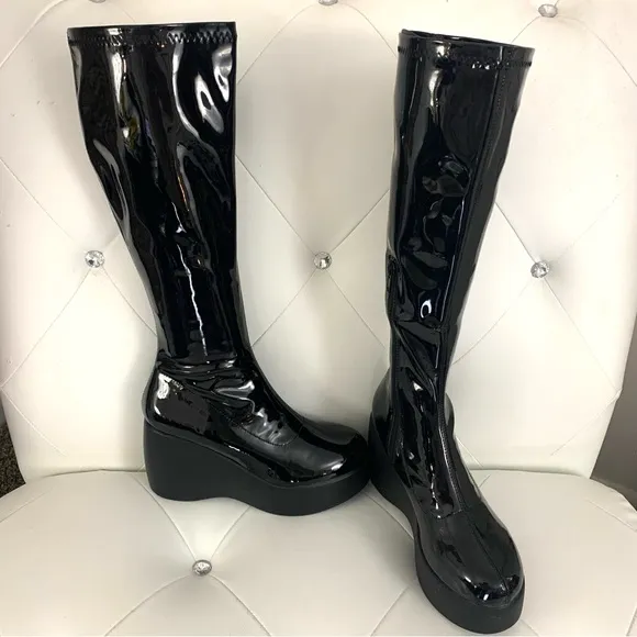 NIB $145 Nasty Gal Faux Patent Leather Platform Wedge KneeHigh Boot US 6.5/EU 7