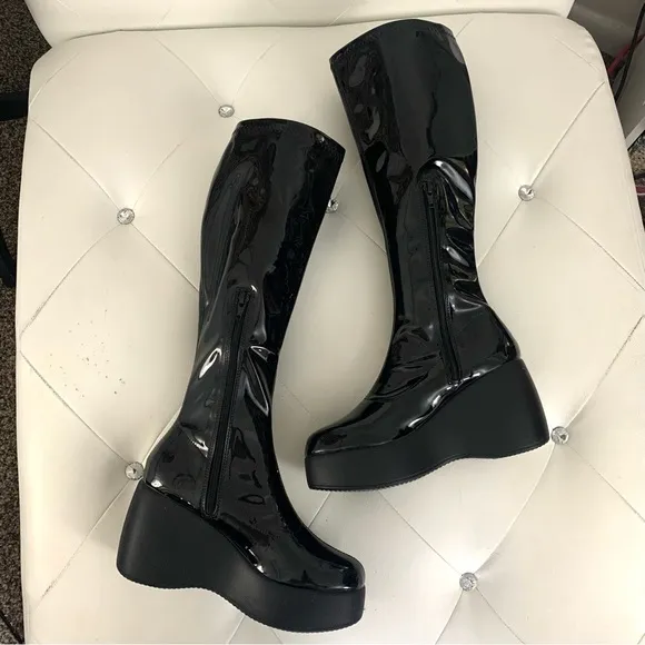 NIB $145 Nasty Gal Faux Patent Leather Platform Wedge KneeHigh Boot US 6.5/EU 7