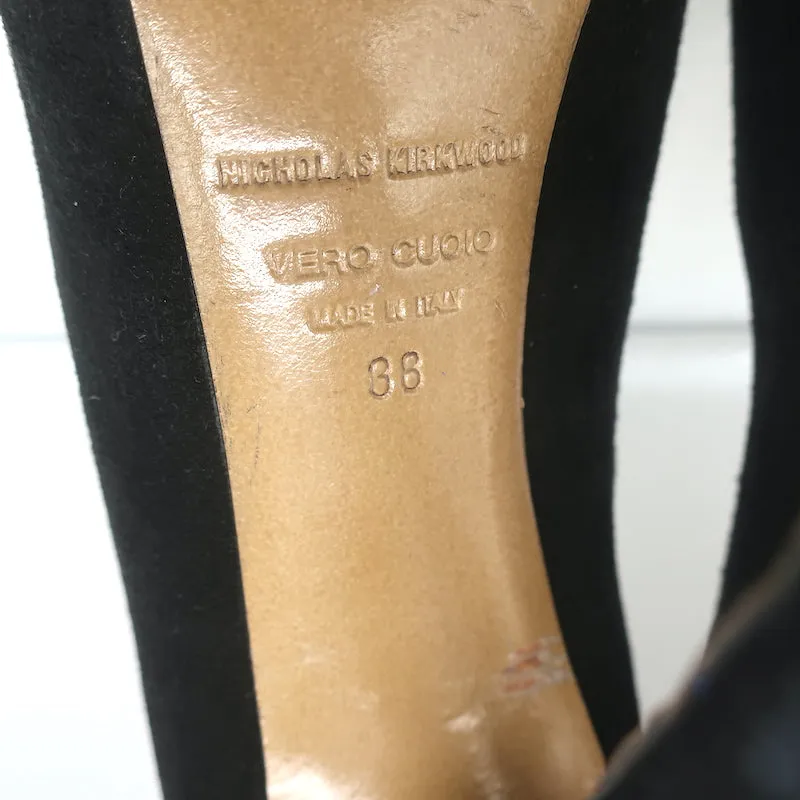 Nicholas Kirkwood Peep Toe Platform Pumps Black Suede Size 38