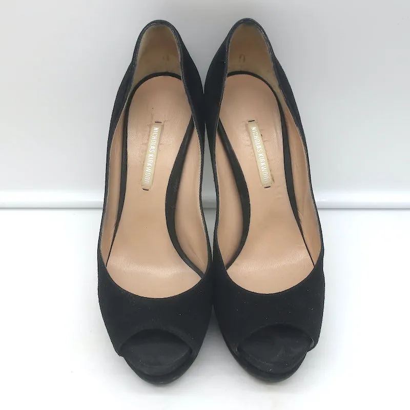Nicholas Kirkwood Peep Toe Platform Pumps Black Suede Size 38