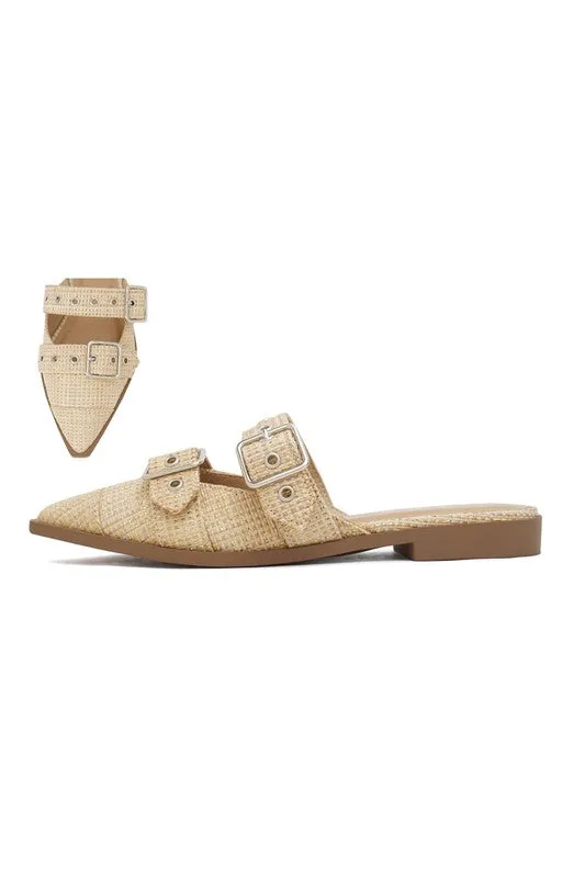 One Step Ahead Buckle Raffia Flat Mule in Light Tan