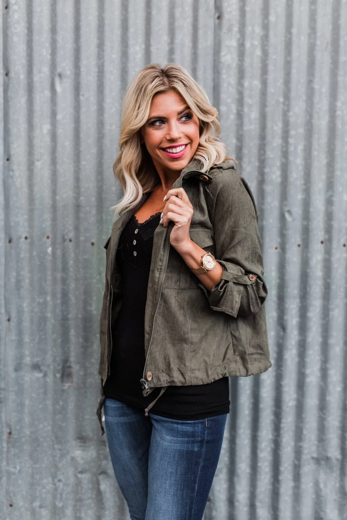 One Thing Right Lightweight Zip Up Jacket- Olive