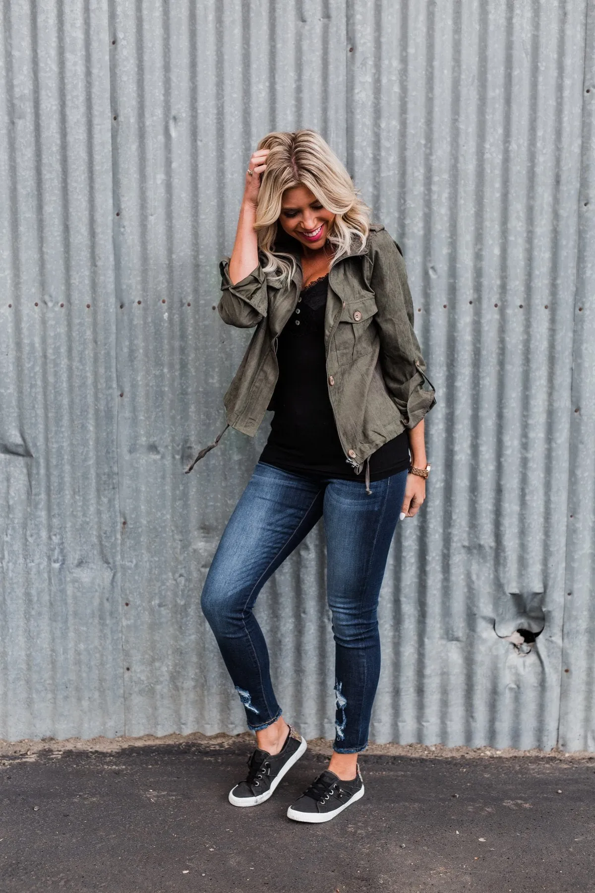 One Thing Right Lightweight Zip Up Jacket- Olive