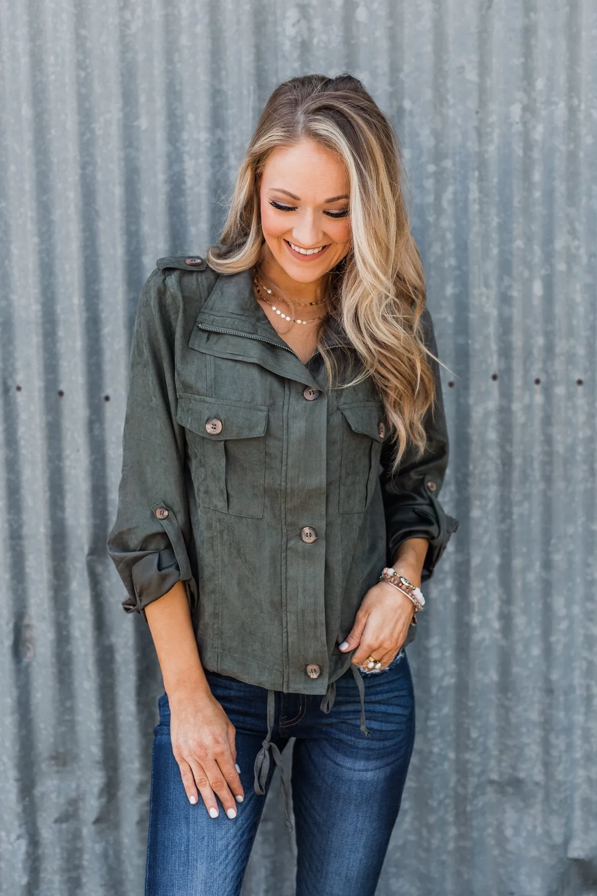 One Thing Right Lightweight Zip Up Jacket- Olive