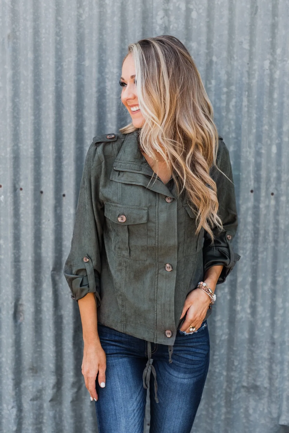 One Thing Right Lightweight Zip Up Jacket- Olive
