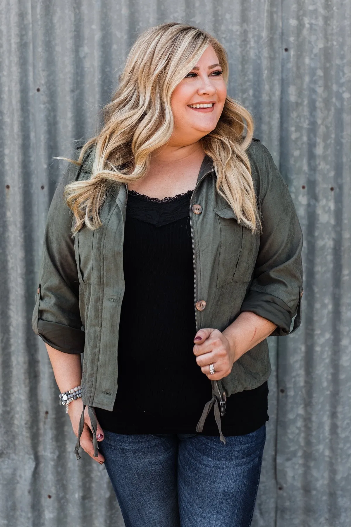 One Thing Right Lightweight Zip Up Jacket- Olive