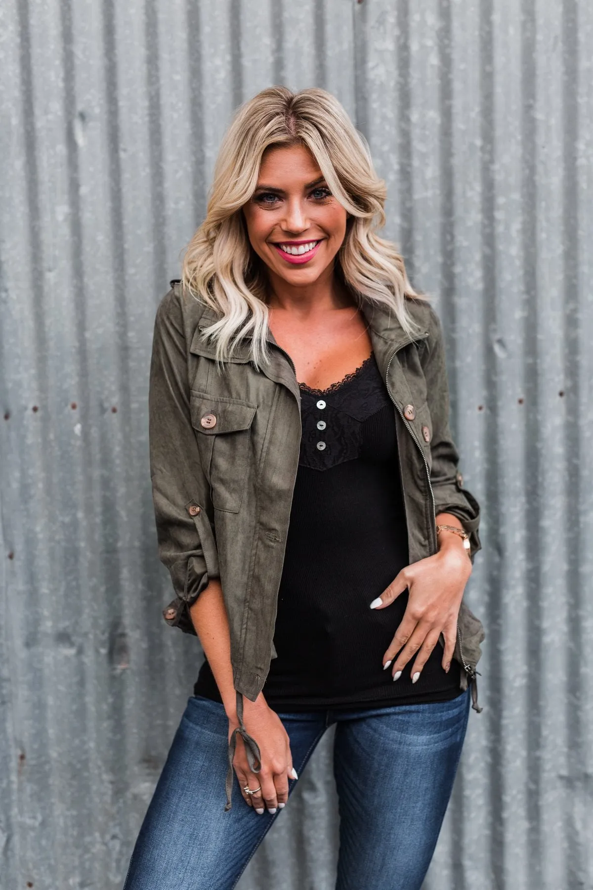 One Thing Right Lightweight Zip Up Jacket- Olive