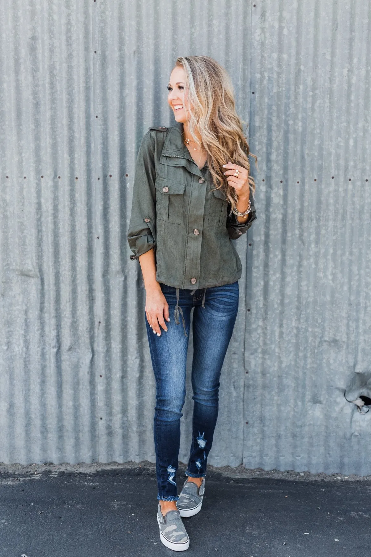 One Thing Right Lightweight Zip Up Jacket- Olive