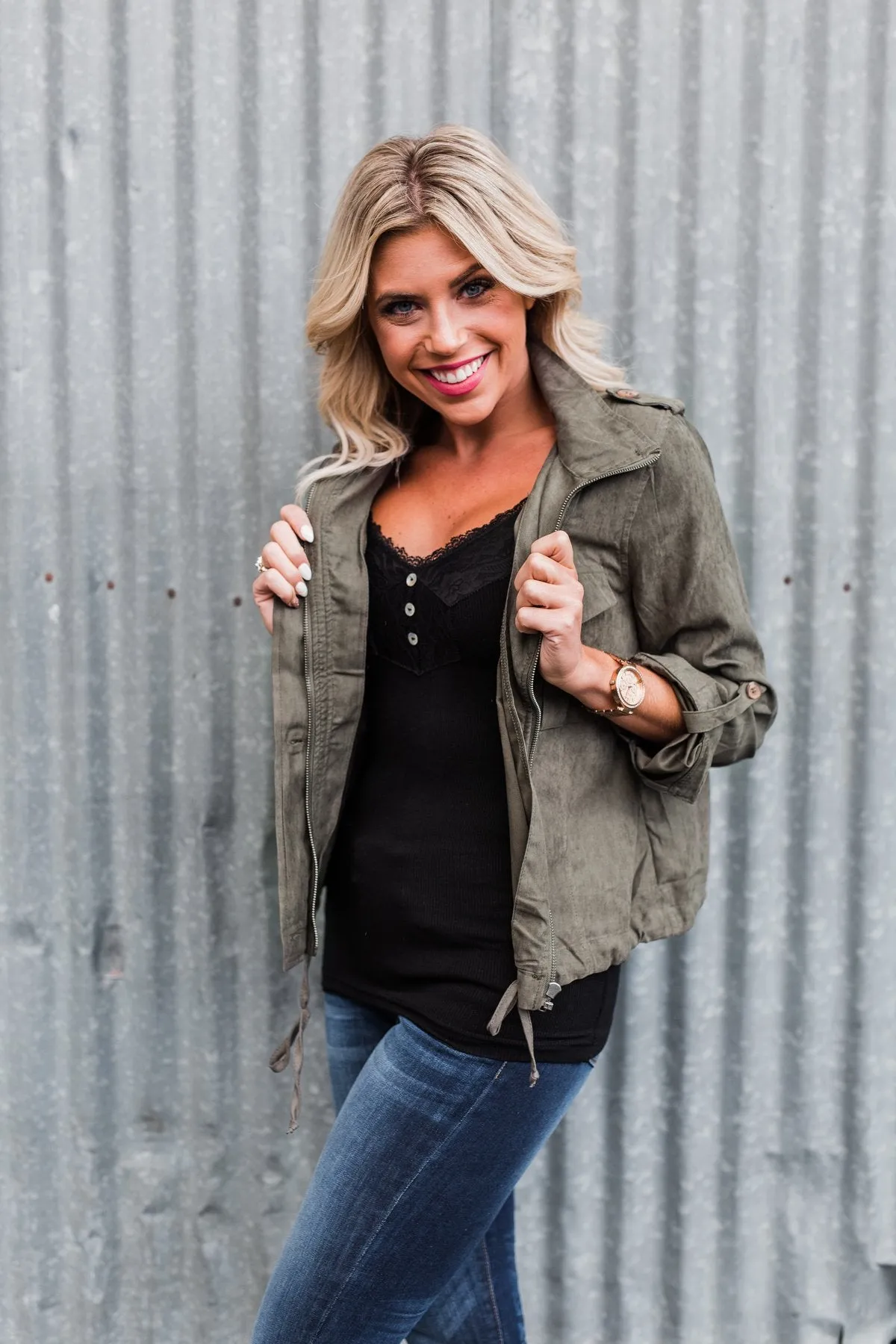 One Thing Right Lightweight Zip Up Jacket- Olive