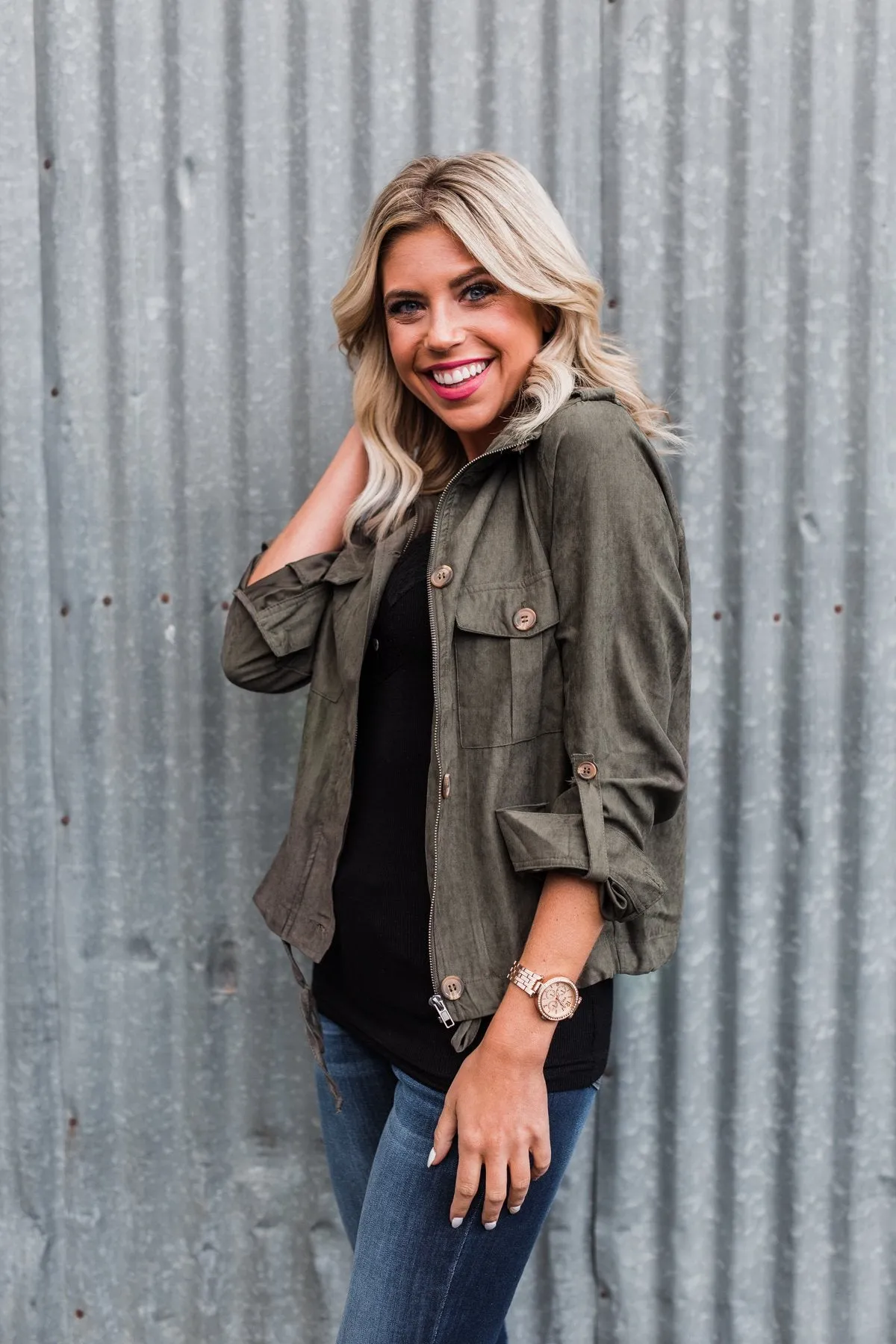 One Thing Right Lightweight Zip Up Jacket- Olive