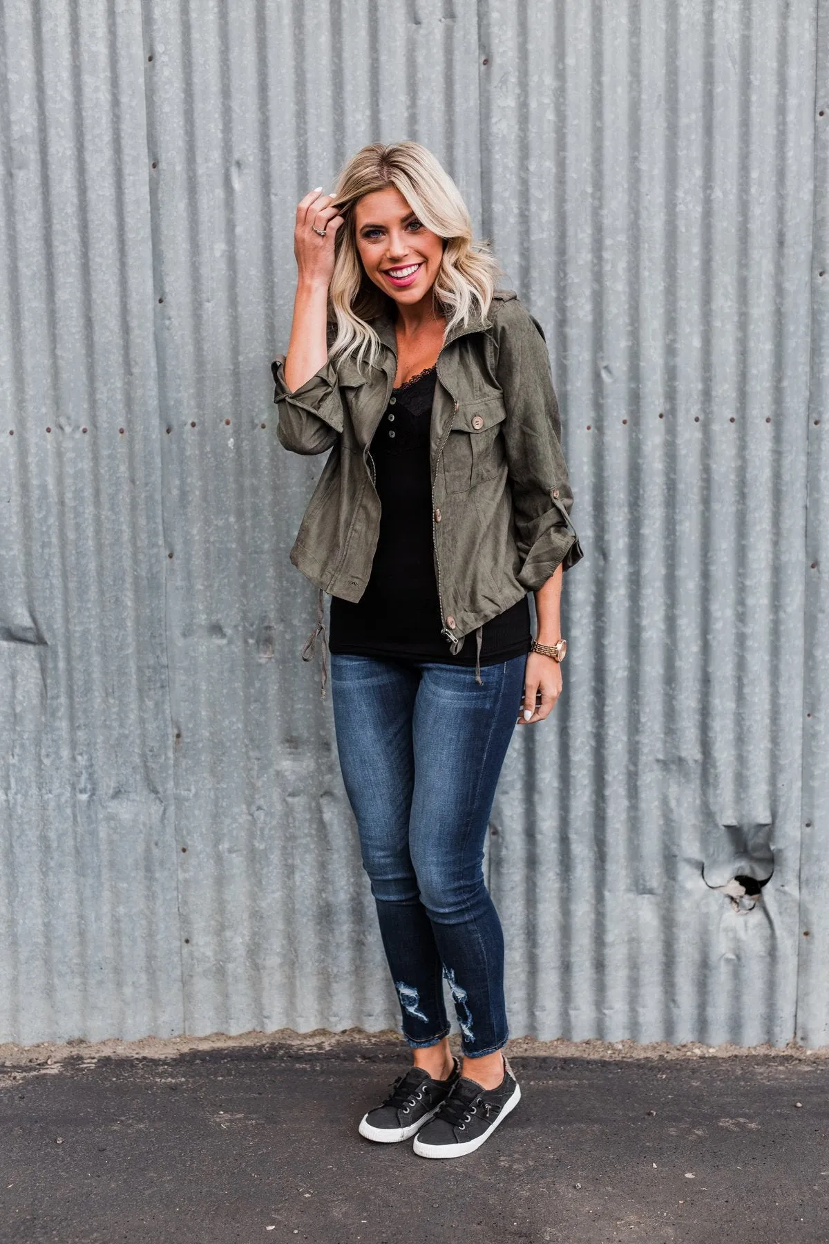 One Thing Right Lightweight Zip Up Jacket- Olive