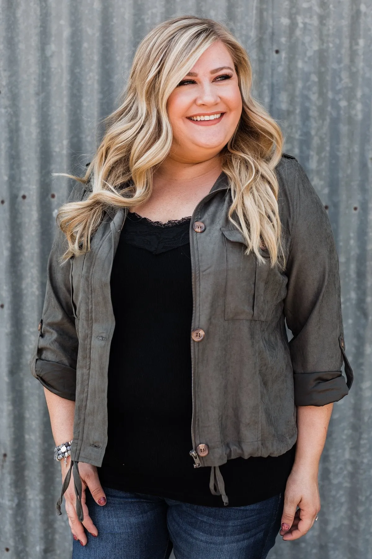 One Thing Right Lightweight Zip Up Jacket- Olive
