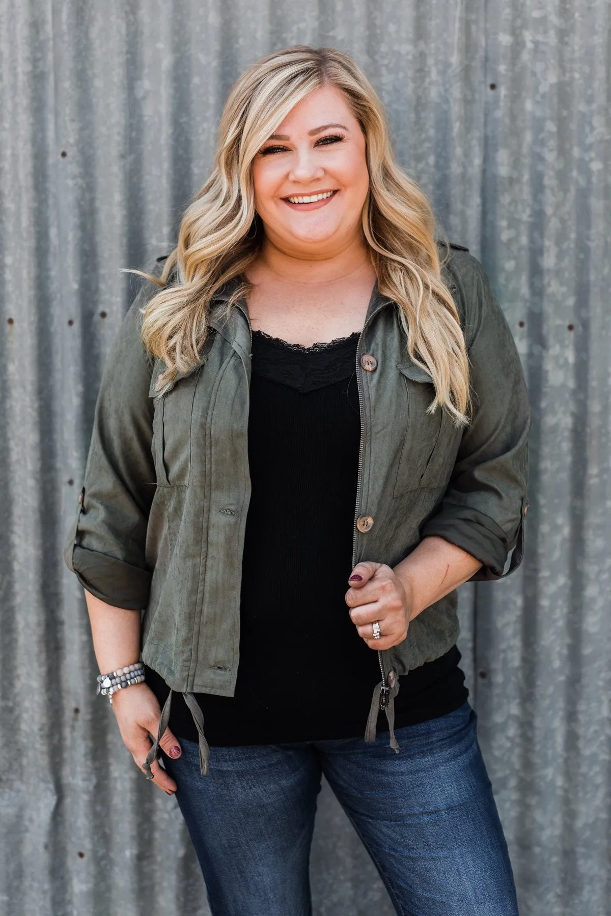 One Thing Right Lightweight Zip Up Jacket- Olive