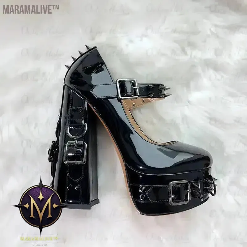 Onlymaker Women  Mary-Jane Platform Gothic Buckle Belt Ring Rivet Shinny Chunky High Heels Ankle Strap Heeled Punk Pumps