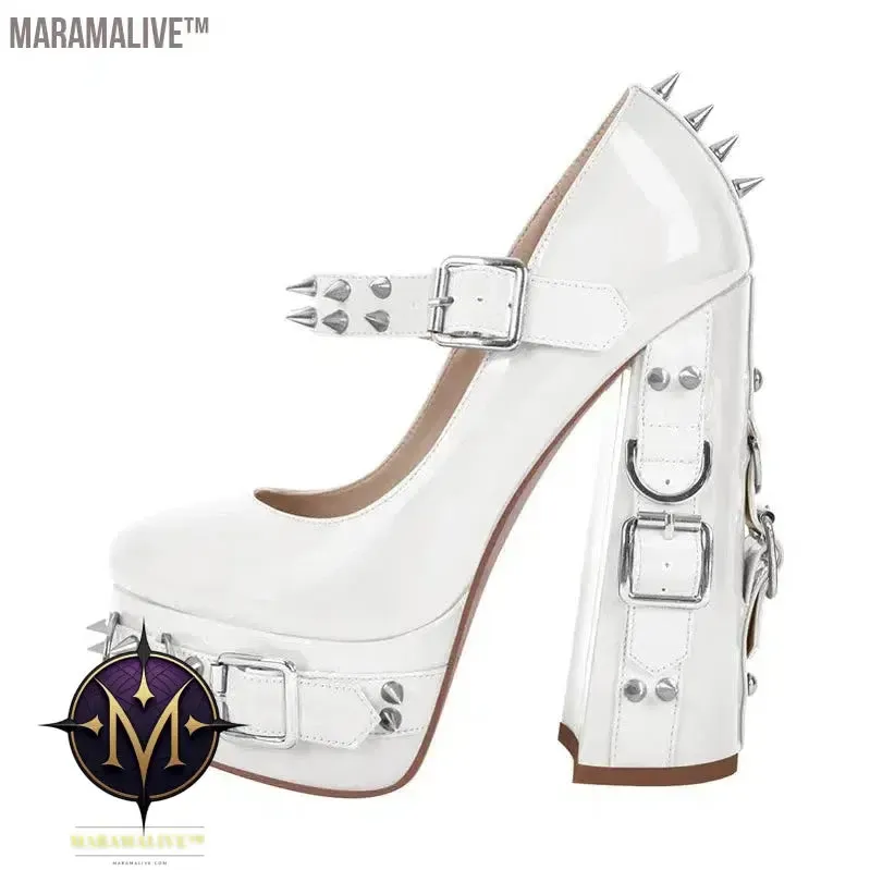 Onlymaker Women  Mary-Jane Platform Gothic Buckle Belt Ring Rivet Shinny Chunky High Heels Ankle Strap Heeled Punk Pumps