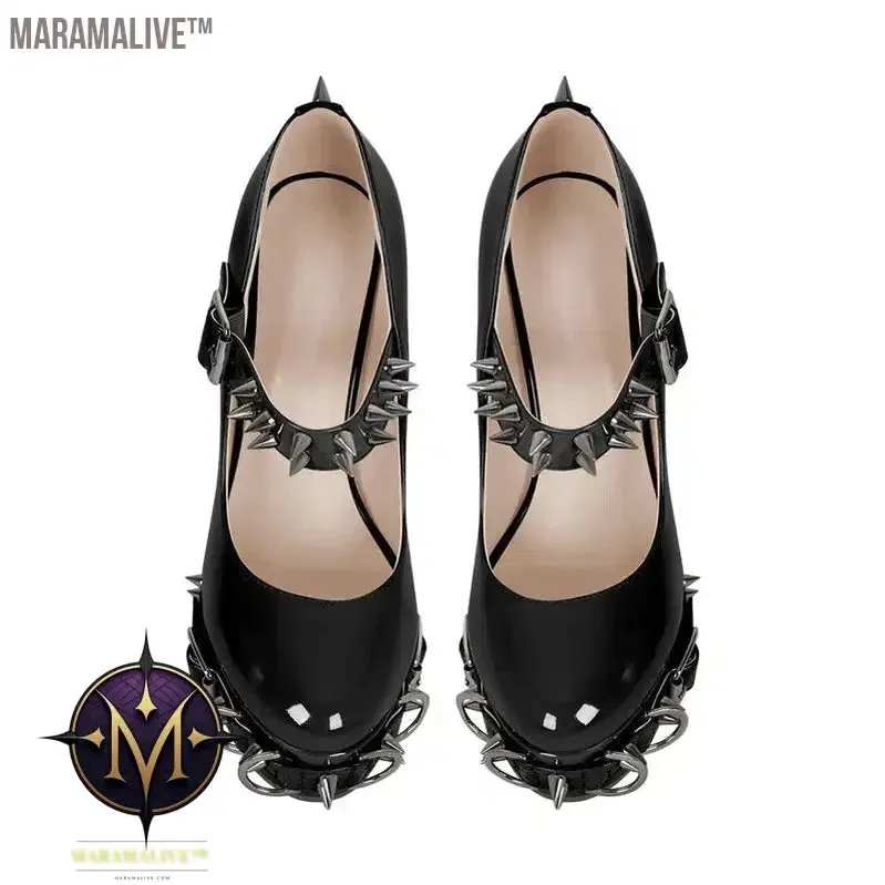 Onlymaker Women  Mary-Jane Platform Gothic Buckle Belt Ring Rivet Shinny Chunky High Heels Ankle Strap Heeled Punk Pumps