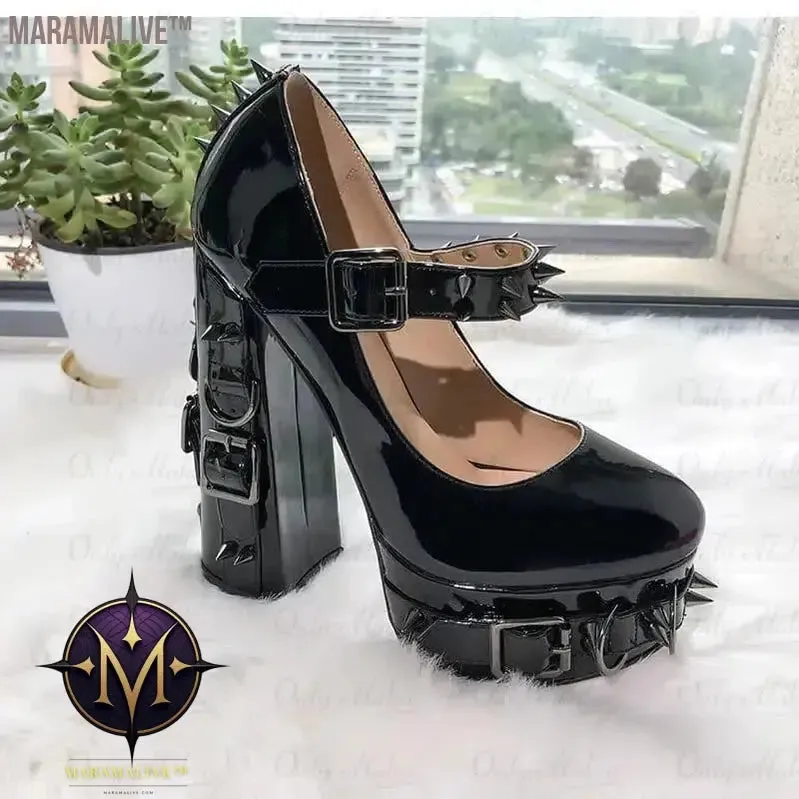 Onlymaker Women  Mary-Jane Platform Gothic Buckle Belt Ring Rivet Shinny Chunky High Heels Ankle Strap Heeled Punk Pumps