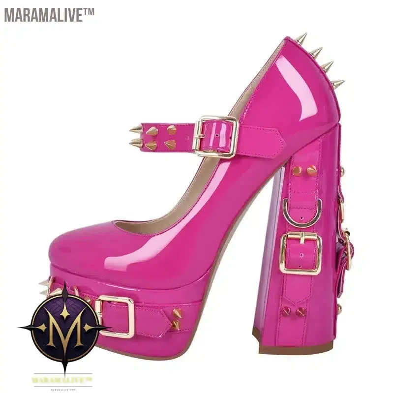 Onlymaker Women  Mary-Jane Platform Gothic Buckle Belt Ring Rivet Shinny Chunky High Heels Ankle Strap Heeled Punk Pumps