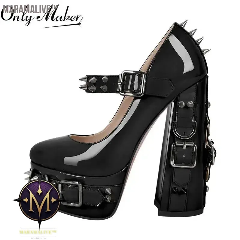 Onlymaker Women  Mary-Jane Platform Gothic Buckle Belt Ring Rivet Shinny Chunky High Heels Ankle Strap Heeled Punk Pumps