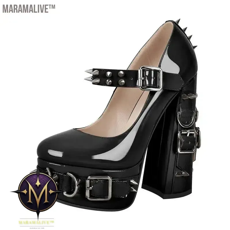 Onlymaker Women  Mary-Jane Platform Gothic Buckle Belt Ring Rivet Shinny Chunky High Heels Ankle Strap Heeled Punk Pumps