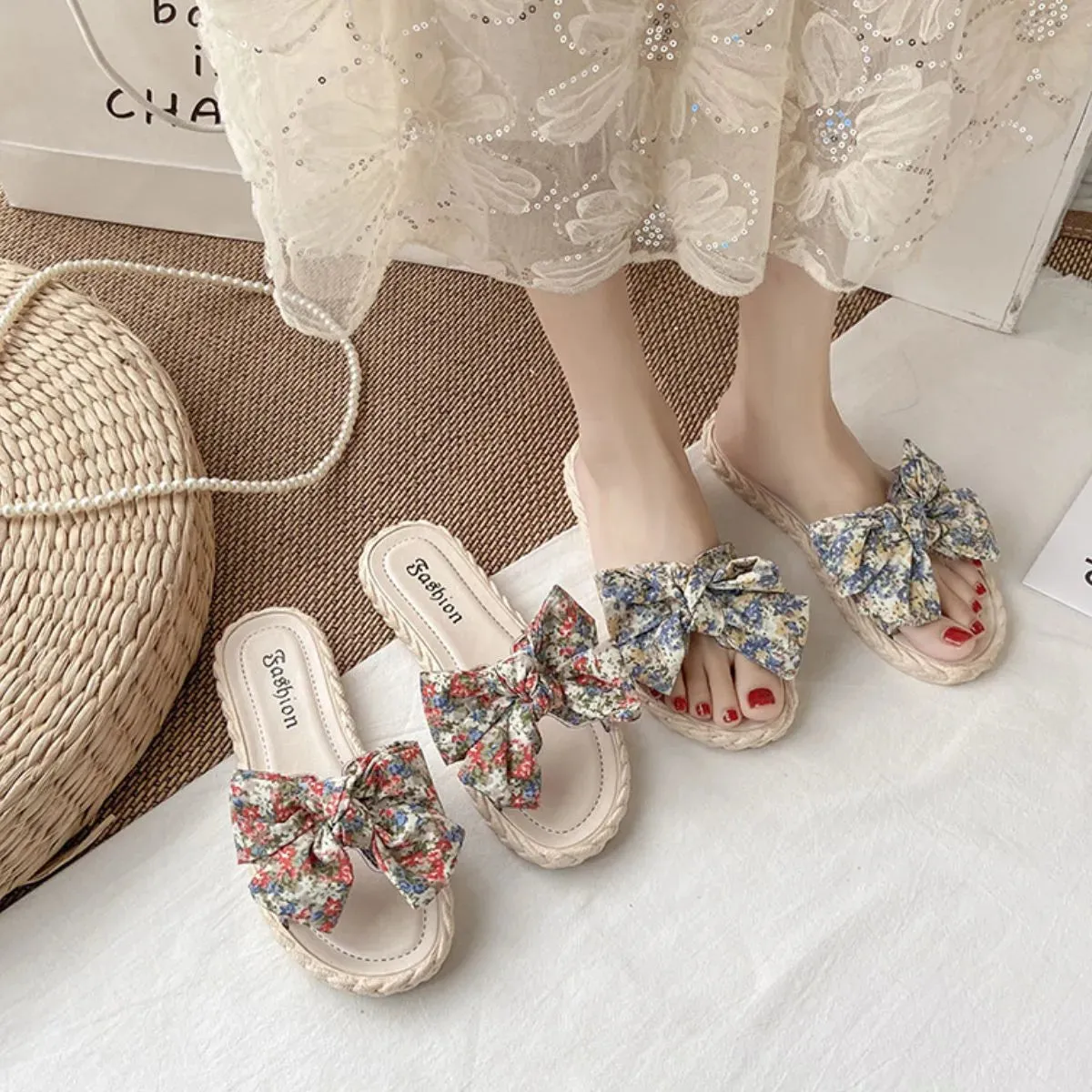 Open Toe Bow Flats Sandals
