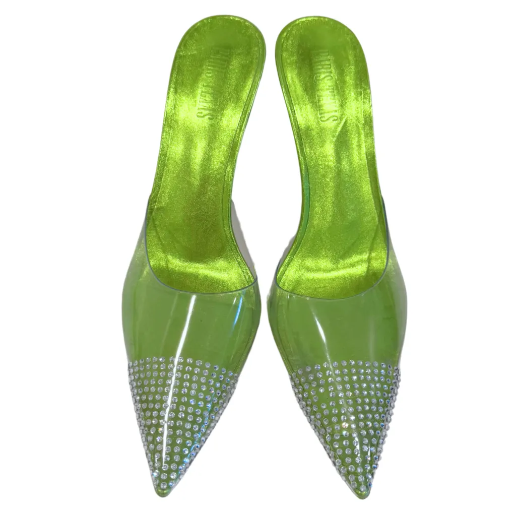 Paris Texas Holly Cherry Green Rhinestone Mules, 41.5