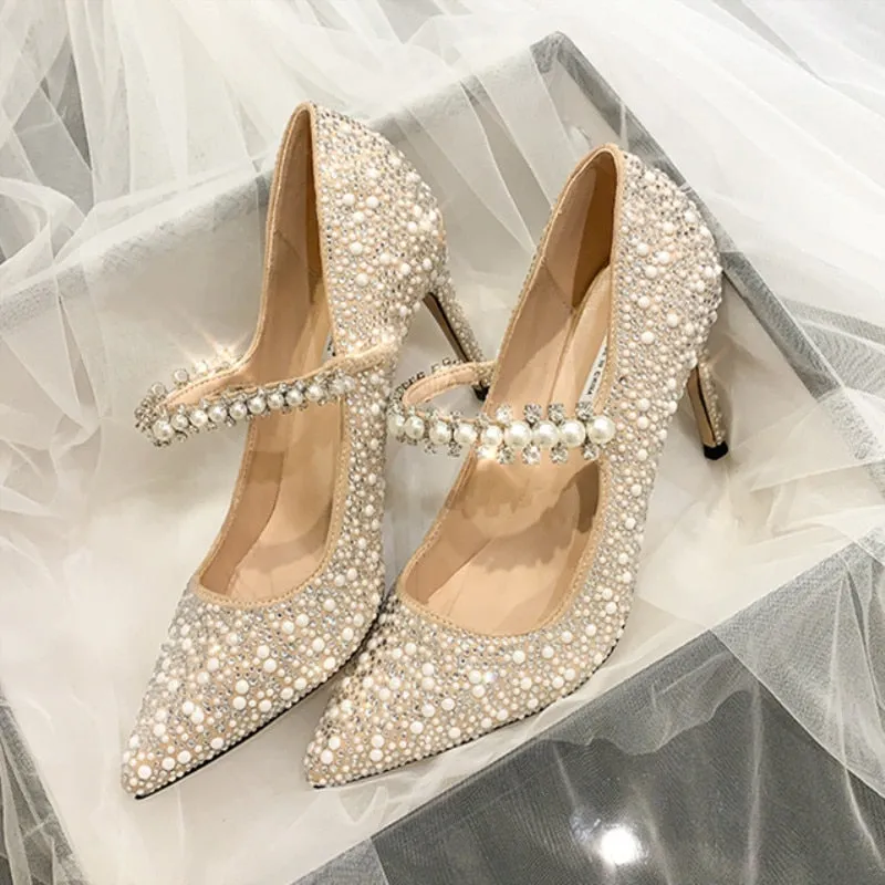 Pearl Decorative Ladies Diamond Wedding Shoes