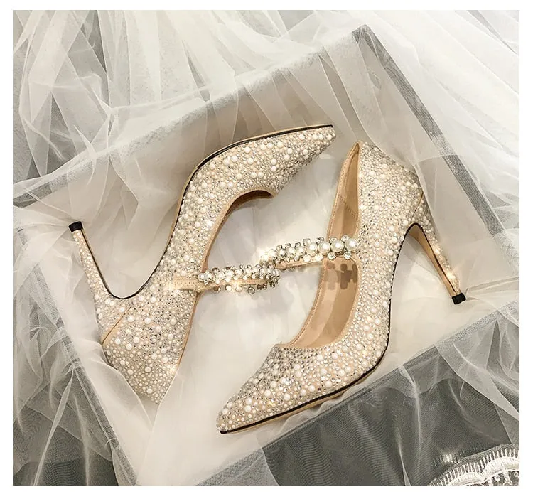Pearl Decorative Ladies Diamond Wedding Shoes