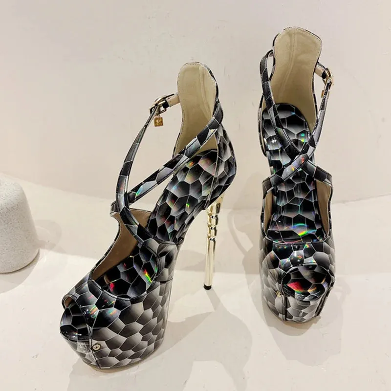Platform High Heels Pumps Sandal Women Sexy Snake Print Peep Toe Buckle Strap Ladies Banquet Dress Shoe
