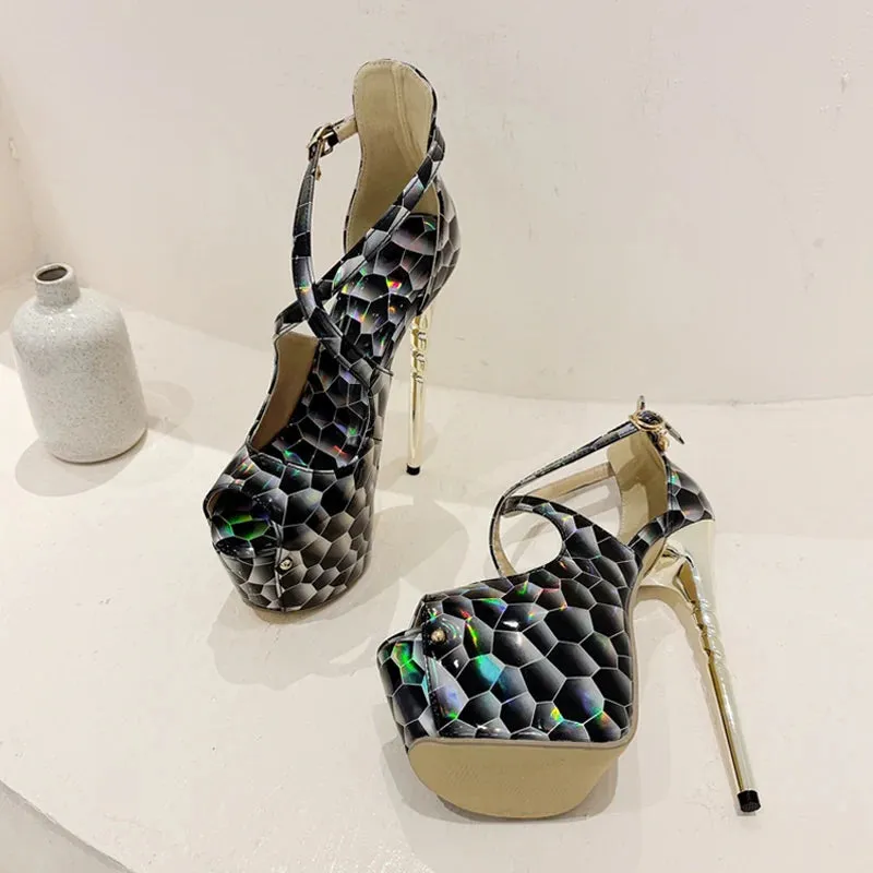 Platform High Heels Pumps Sandal Women Sexy Snake Print Peep Toe Buckle Strap Ladies Banquet Dress Shoe